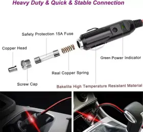 1076-1m Carviya 12v 24v Heavy Duty 16 Awg 15a 20a Male Plug Cigarette Lighter Adapter 3.3-feet #2
