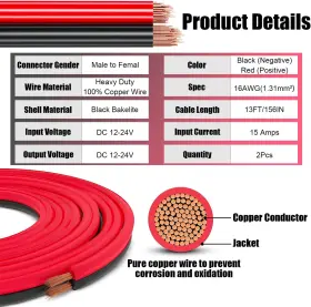 Gibbab 445027616651 13 Ft Car Cigarette Lighter Socket Extension Cord Cable Heavey Duty Adapter 12v #3