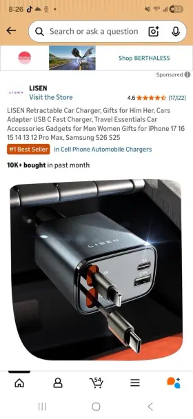 Lisen 5 9x2.62x1.38 Retractable Car Charger Dual Fast Charging Usb-c Usb-a 69w Adapter