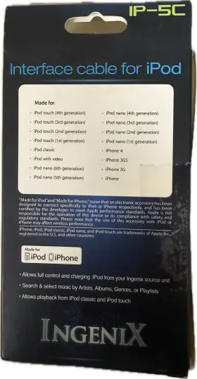 Ip-5c Power Acoustik Full Control Ipod Cable For Ingenix Source Units #2