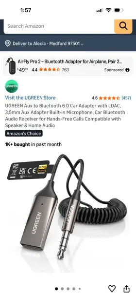 Cm309 Ugreen Car Bluetooth Audio Receiver 6.0 Hi-res Mic 3.5mm Aux